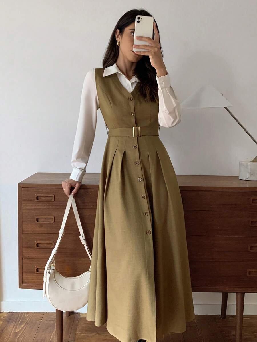 Elyressa 一位女士编织了一件优雅的秋季长裙，适合通勤。 - 卡其色 - 查看 1