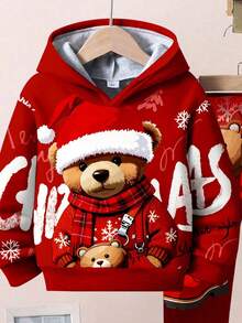 SHEIN 2 件套年轻男孩休闲简约时尚经典圣诞圣诞老人、圣诞树、圣诞礼物、可爱圣诞熊图案印花宽松连帽衫套装，适合秋冬季、圣诞节 - 彩色 - 查看 5