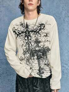 ROMWE MEN Street Life Men's KPOP Casual Cross & Skull Print Pullover Sweatshirt - Apricot - View 5