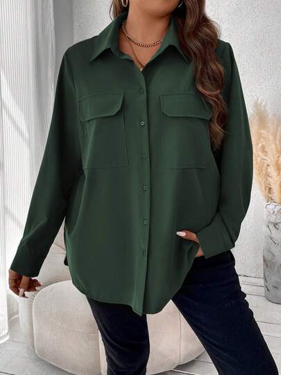 Vionelle Plus Size Casual Solid Color Front Button Pocket Long Sleeve Shirt, Autumn Green Shirt Women Women Button Up Shirt Loose Shirt Oversize Shirt For Women Oversized Blouse Oversized Button Up Shirt