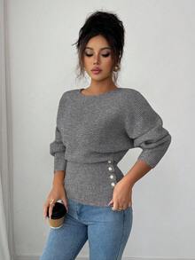 Elenzga Women's New Autumn/Winter Single-Piece Design Batwing Sleeve High-End Buttoned Minimalist Everyday Knit Long Sleeve Top - Dark Grey - View 5