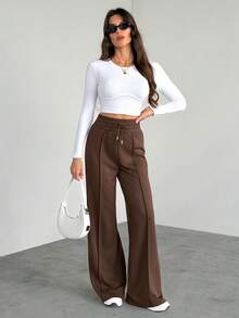 SHEIN Tall Women's Solid Color Drawstring Waist Wide Leg Loose Casual Sweatpants Graduation,Back To School,Graduation,Teacher For Women,Back To School - Brown - View 7