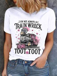 EMERY ROSE Plus Size Women's T-Shirt 'I'm Not Always A Train Wreck Just Kidding Toot' Sarcastic Train Graphic Tee Round-Neck Short Sleeve Top - White - View 1