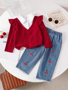 2pcs Baby Girls' Denim Set, Red Ribbed Ruffle Trim Long Sleeve Patchwork Shirt Collar Tee Paired With Cherry Embroidery Fake Pocket Jeans, Cute & Playful Style Suitable For Outdoor Play Or Casual Wear At Home - Red - View 3