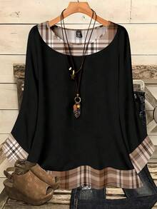 EMERY ROSE 大码女式休闲浪漫全印花圣诞格子图案撞色印花圆领宽松七分袖衬衫，黑色 - 彩色 - 查看 1