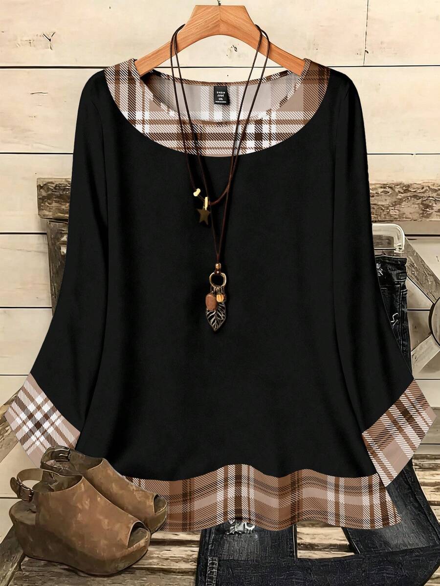 EMERY ROSE 大码女式休闲浪漫全印花圣诞格子图案撞色印花圆领宽松七分袖衬衫，黑色 - 彩色 - 查看 1