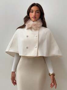 Aloruh 女士仿毛皮拼接高领双排扣羊毛混纺大衣，秋冬款 - 杏色 - 查看 7