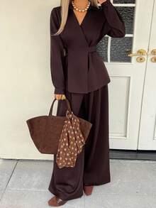 DAZY Bộ 2 món áo sơ mi trơn màu có thắt lưng và quần ống rộng dành cho nữ, Thu/Đông - Cà phê nâu - Xem 5