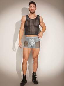 FeverCity Men's Elastic Leather Patchwork Mesh Shorts, Summer - Silver - View 4