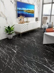 1卷40厘米宽自粘防水防滑大理石纹地板贴纸，DIY翻新地板贴，石纹质感，家居装饰，适用于室内地板，贴纸，墙贴，乙烯基贴纸，家居装饰，春季装饰品，焕新家居，Rama装饰贴纸礼物，生日毕业地板砖，自粘地板砖，剥离式粘贴，客厅装饰，房间装饰，厨房装饰 - 黑與白 - 查看 5