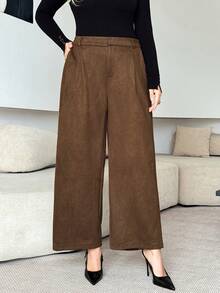 Modelyn Plus Size Solid Color Fold Pleated Pocket Casual Wide Leg Pants - Brown - View 3