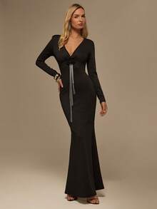 Glamine Women's Autumn Elegant Black And Silver Fitted Dress,Long Sleeve V-Neck Waist Mermaid Hem With Tassel Decor,Perfect For Dinner,Party,Cocktail & Prom - Black - View 2