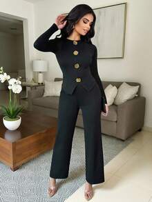 SHEIN Clasi Plus Size Women Metal Button Decor Long Sleeve Thin T-Shirt, Elegant Black - Black - View 3