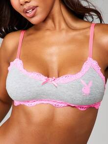 Missguided x Playboy Áo ngực ren viền logo thỏ và chi tiết nơ Đồ lót thoải mái hàng ngày - Màu Xám nhạt - Xem 3