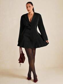 SHEIN BAE 秋冬季大码优雅通勤褶裥前开襟纽扣连衣裙 - 黑色 - 查看 1