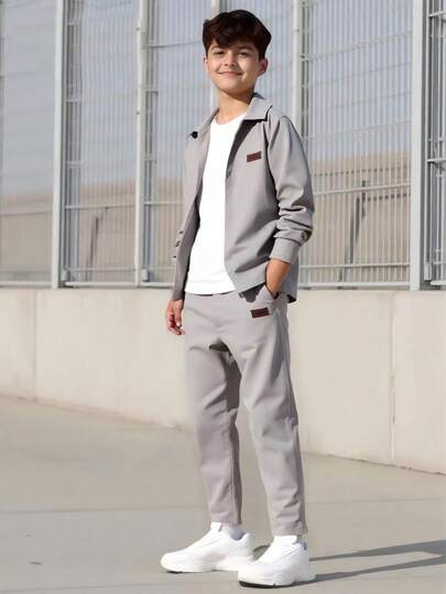 Vacaura Set de 2 piezas: Camisa de manga larga gris de solapa única informal para niños mayores, combinada con pantalones casuales de cintura elástica y bolsillo en diagonal, para primavera/otoño