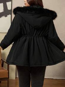 Zelara Plus Size Women Solid Color Long Sleeve Zipper Collar Faux Fur Hooded Casual Winter Jacket Women's Quilted Zipper Long Hooded Padded Jacket With Pockets, Warm And Comfortable,2025 New,Comfortable And Warm From The Cold,Plus Size Women Long Sleeve Pockets Casual Coat,Fall Women Clothes, Winter Clothes For Women,Vintage,Going Out Outfits,Fall Outfits,Winter For Women,Fall Clothes Plus Size, Office Outfits For Women,Fall Outfits For Women,Classy Outfits For Women,Women's Fall Clothes,Office,Old Money Style Women,Plus Size Women Long Sleeve Pockets Casual Hooded Coat,Quilted Coat,Zip Up,Women's Winter Clothes ,Christmas Women's Clothing,Suitable For Multiple Occasions Autumn Women'S Autumn And Winter Warm Coat With Fur Collar And Hood - Black - View 4