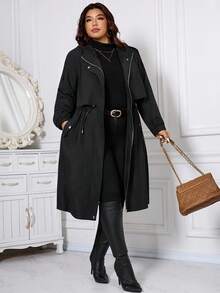 SHEIN CURVE+ 大码女式休闲拉链连帽抽绳腰长袖羊毛夹克，保暖，2025 年新款，舒适防风 - 黑色 - 查看 4