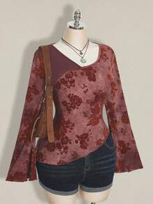 SHEIN ICON Áo thun tay loe họa tiết hoa chéo jacquard cổ điển màu xanh lá cây cổ điển dành cho nữ cỡ lớn - Màu Đỏ Sâu - Xem 4