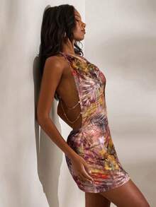 Opulessa Knit Bodycon Halter Neck Mini Dress For Women - Pink - View 4