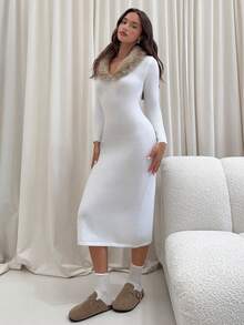 Aloruh Romantic Date Fitted Long Sleeve Turtleneck Maxi Sweater Dress, Apricot, Versatile For Layering, Autumn/Winter - Apricot - View 5