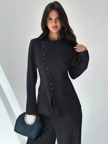 Firerie 女士优雅通勤日常百搭街头时尚新款不对称翻领纽扣腰长袖西装外套和高腰长裤卡其灰色两件套西装套装秋冬女装 - 藏蓝色 - 查看 2