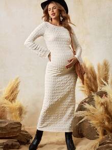 Boho Mama 孕妇纯色圆领长袖修身优雅连衣裙 - 白色 - 查看 5