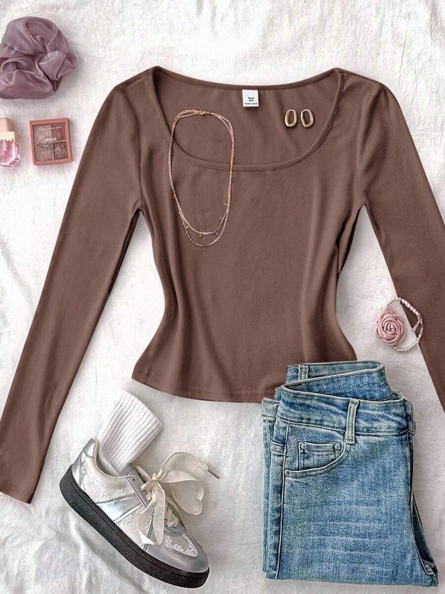 少女纯色圆领修身休闲短款长袖T恤 - 摩卡棕 - 查看 1