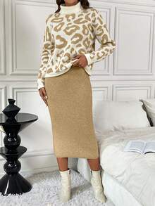 SHEIN LUNE 2pcs/Set Sweater Rajut Wanita Motif Leopard & Polos Kerah Tinggi Elegan Nyaman Pas Badan, Musim Gugur/Dingin - Khaki - View 4