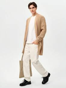 RONVEXI Loose Fit Men's Solid Ribbed Knit Duster Beige Cardigans, Long Sleeve Top - Pale Yellow - View 6