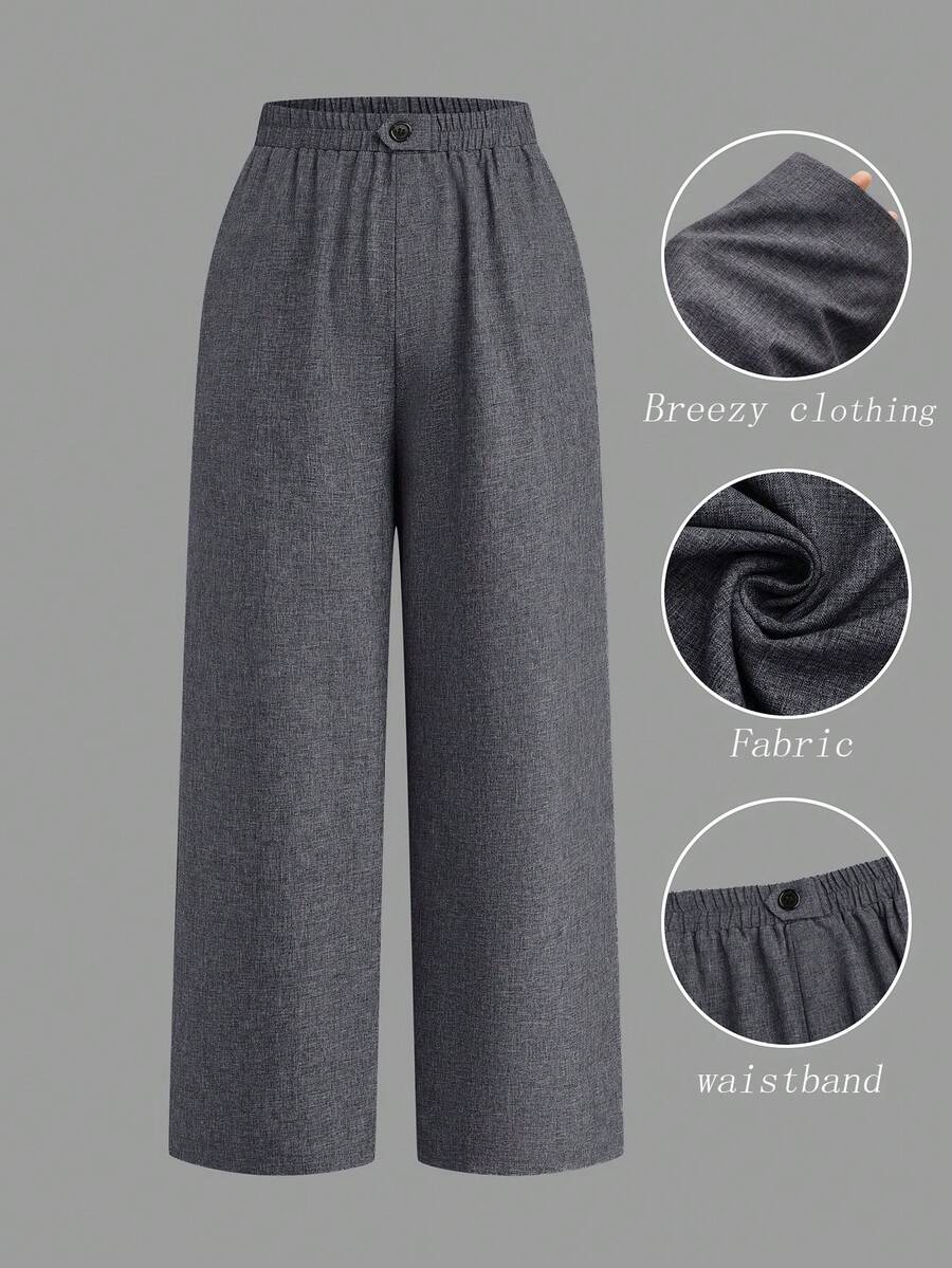 SHEIN Unity 大码女式梭织面料纹理亚麻混纺弹力腰直筒宽松裤，带口袋 - 灰色 - 查看 1