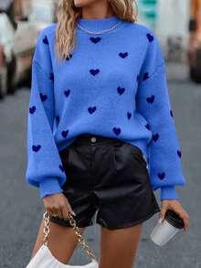 SHEIN LUNE Sweater Pullover Kasual Wanita Motif Hati, Musim Gugur/Dingin - Biru - View 4
