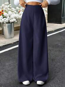 SHEIN Tween Girls Casual Fashionable Comfortable High Waist Wide Leg Straight Trousers, Suitable For Dailywear Navy Blue Pants Navy Pants Girls Pants Wide Leg,Kids Clothes Girls,Tween Girl Pants Long Pants Wide Leg Pants - Navy Blue - View 8