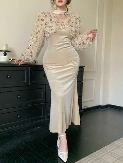 DAZY Women's V-Neck Sequin & Faux Fur Patchwork Mermaid Hem Elegant Dress