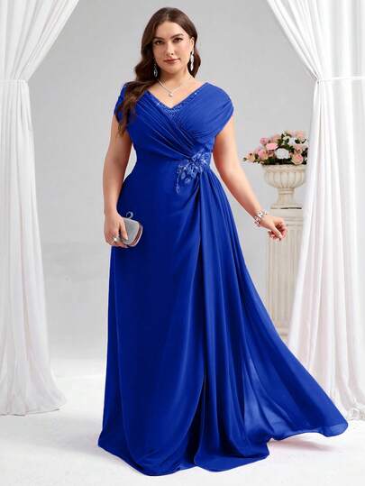 Coutiva Elegant Party Rhinestone & Pearl Embellished Plus Size Mother Of The Bride Dress
