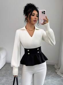 Elenzga Elegant Fashionable Minimalist Ruffle Hem White Knit Patchwork Blouse, Suitable For Party, Family Gathering, Christmas, Halloween, Valentine's Day, New Year, Commuting And Casual Wear, Autumn/Winter - Black and White - View 1