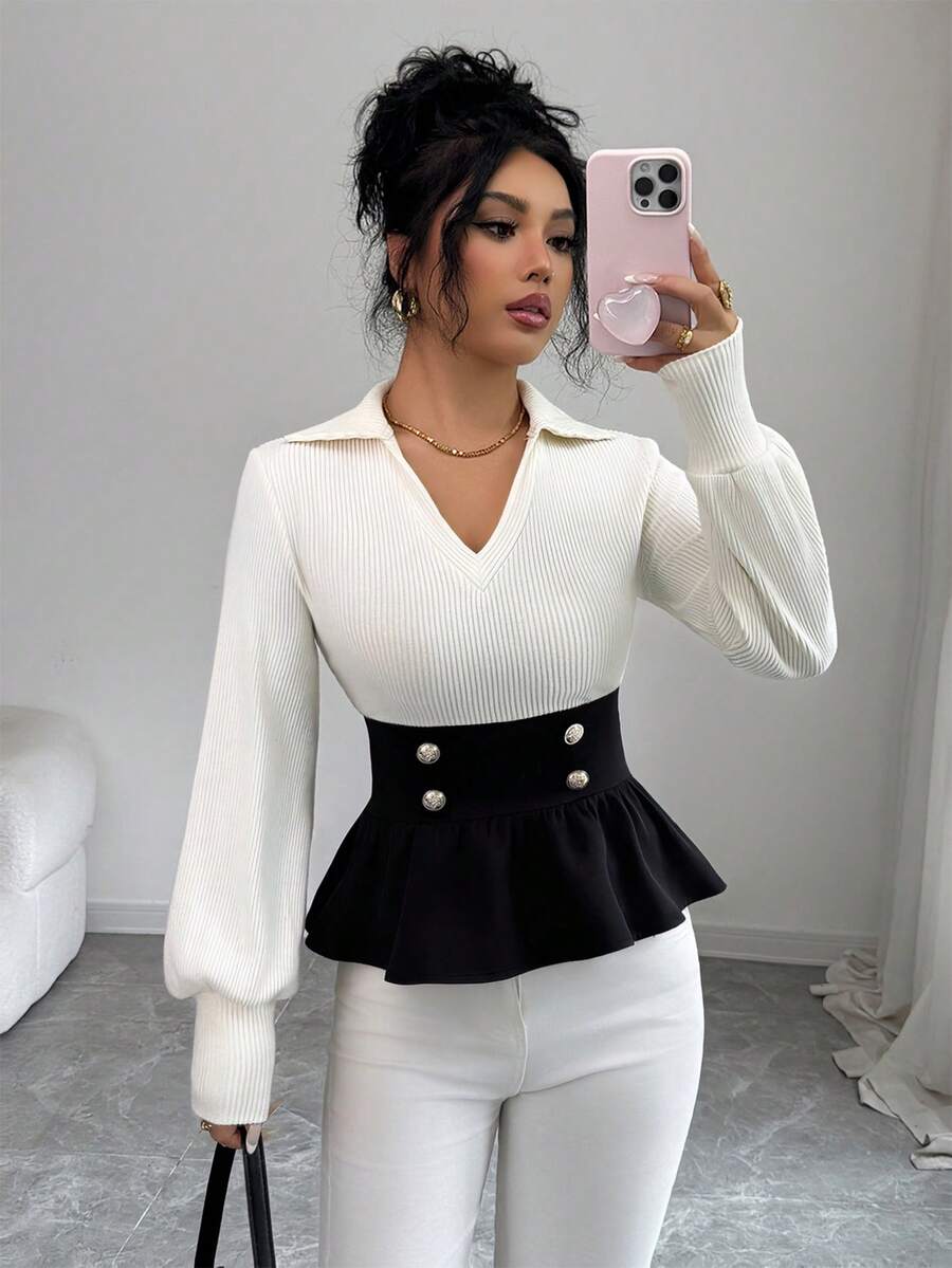 Elenzga Elegant Fashionable Minimalist Ruffle Hem White Knit Patchwork Blouse, Suitable For Party, Family Gathering, Christmas, Halloween, Valentine's Day, New Year, Commuting And Casual Wear, Autumn/Winter - Black and White - View 1