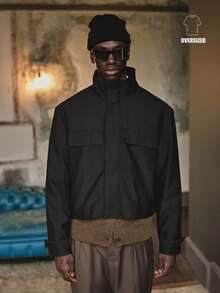 Musero Cropped Oversized Long Sleeve Zip Through Hidden Placket Front Pocket Details Funnel Neck Jacket Autumn Winter Essentials Layering