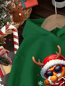 Tween Boy Casual Minimalist Fashion Classic Christmas Warm & Comfortable Cartoon Gingerbread Man & Christmas Pattern Thick Hooded Sweatshirt, Suitable For Autumn/Winter - Dark Green - View 4