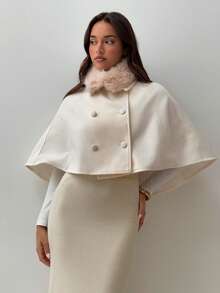 Aloruh 女士仿毛皮拼接高领双排扣羊毛混纺大衣，秋冬款 - 杏色 - 查看 3