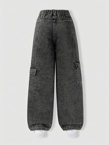 SHEIN ChillGRL Quần denim liền thân có túi và họa tiết thỏ dành cho bé gái tuổi teen, quần dài thường ngày phong cách đường phố cổ điển, dáng rộng thoải mái, cạp chun co giãn thoải mái, thích hợp mặc hàng ngày, đi nghỉ, đi học, đi chơi - màu đen - Xem 2