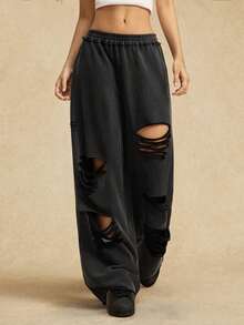 Easelle 女士休闲做旧街头风运动裤 - 黑色 - 查看 5