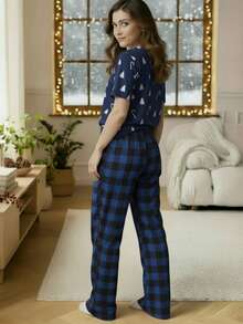 2 piezas Conjunto de pijama de mujer con estampado de renos navideños y cuadros rojos de manga larga, detalles acogedores y elegantes, ropa de otoño
SKU: si25081831362637186 - Azul - Ver 4