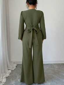 Elenzga Bộ 2 món áo kiểu Pháp tay dài chữ A thắt eo họa tiết hoa thêu tinh tế màu đỏ tía thanh lịch dành cho nữ, phù hợp cho mùa xuân và mùa thu - màu xanh lá - Xem 2