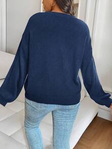 EMERY ROSE Plus Size Casual Sequin Bow Pattern Round Neck Drop Shoulder Sweater, Autumn/Winter - Royal Blue - View 2