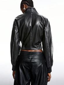 LYSMO Jaqueta de Couro PU de Manga Longa com Gola Alta e Zíper, Moda Cor Sólida para Mulheres