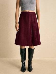 Poéselle 女士复古纯色百褶A字裙，休闲学院风 - 酒紅色 - 查看 3