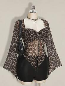 SHEIN ICON 大尺碼豹紋喇叭袖前綁帶性感方領上衣 - 彩色 - 查看 4