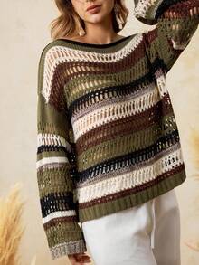 Boho Mama كنزة صوفية محبوكة مفتوحة مخططة باللون الأخضر المريمي للحوامل، كنزة علوية كاجوال للخريف، إجازة - متعدد الألوان - مشاهدة 2