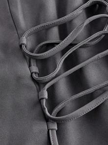 SHEIN MOD 2pcs Vintage Lace-Up Decor Long Sleeve Top And Wide Leg Pants Suit Set,Fall - Grey - View 3